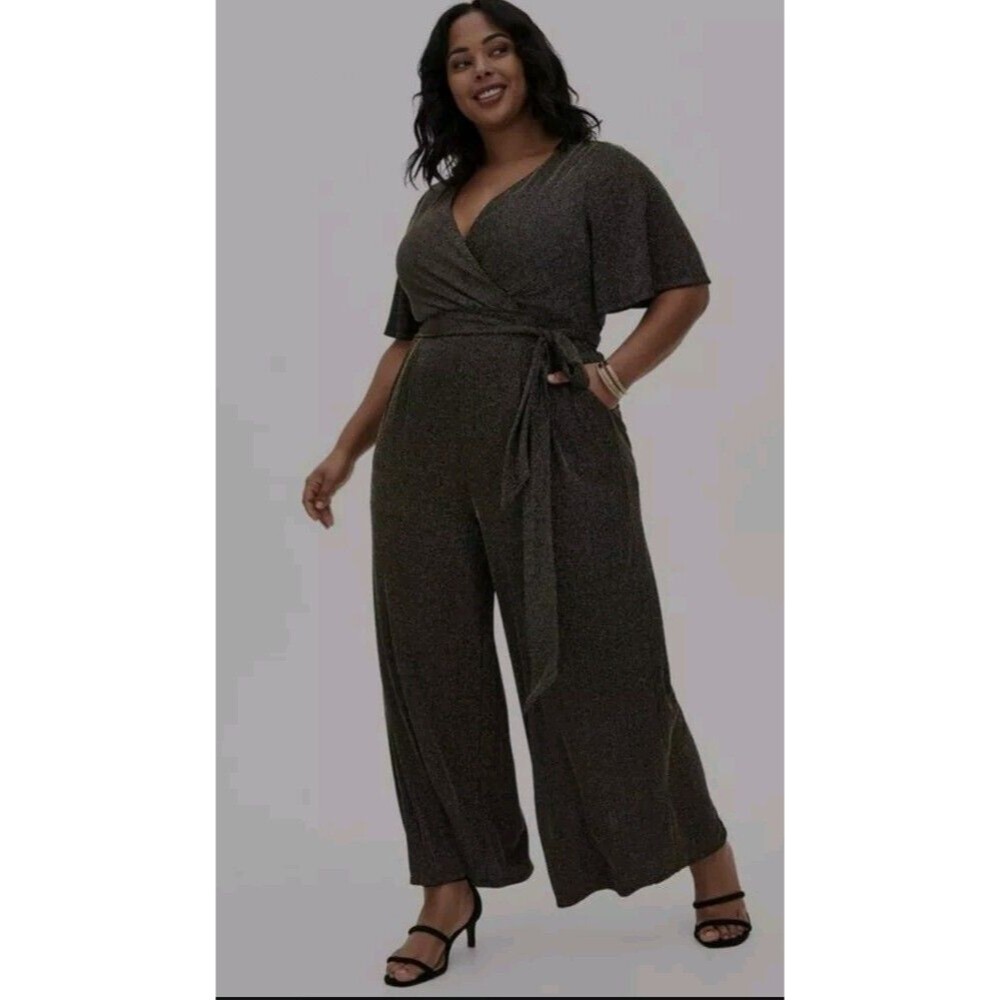 Torrid Womens 4 Sz 26 Black Metallic Wrap Jumpsuit Tie Waist Wide Leg Holiday